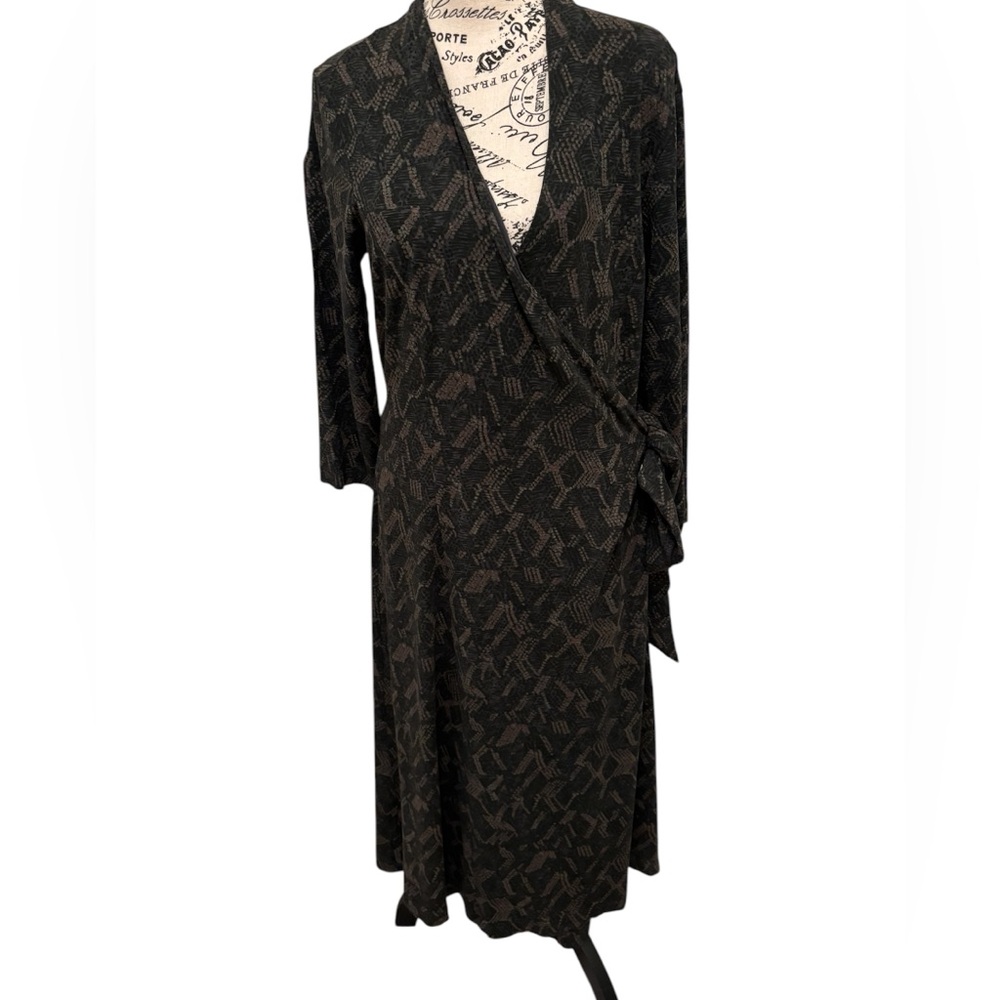J.Jill Size L Knit Stretch Wrap Dress V-Neck Long Sleeve Charcoal Midi Length